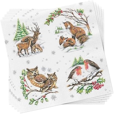Christmas Napkins - 40pcs Winter Animal Lunch Napkins, Fox, Bird, Deer, Owl, Forest Animals, Cabin Decor