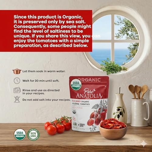 Pure Anatolia Organic Sun-Dried Tomatoes Julienne Cut – Dry Packed, No Oil Added, Unsulfured, No Preservatives – Premium Turkish Quality – Perfect for Pasta, Salad & Cooking – 3.17 oz Resealable Bag
