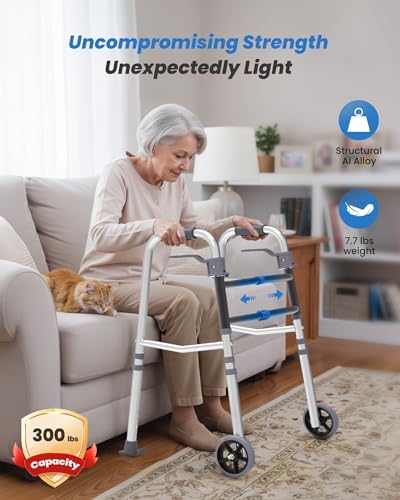 Folding Narrow Walkers for Seniors, Adjustable Width & Height, Standard Walkers with Basket, 2 Skis, 5” Front Wheels, Lightweight Walkers for Elderly & Disabled, Thickened Aluminum Adult Walker