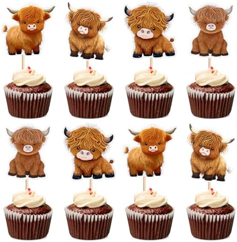 24Pcs Highland Cow Cupcake Toppers Cute Highland Cow Baby Cupcake Picks for Cowboy Cowgirl Funny Birthday Baby Shower Farm Cow Cake Decorations