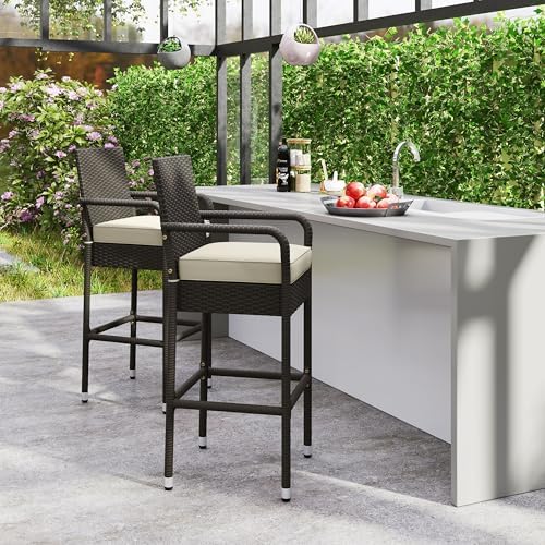 Yaheetech Outdoor Bar Stools Set of 2, Patio Wicker Chairs with Armrests, Footrests, Cushion for Porch Garden Balcony Backyard, Brown/Beige