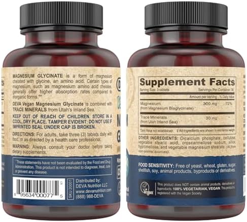 DEVA Vegan Magnesium Glycinate 300mg per serving with Trace Minerals, Higher Absorption, Chelated Magnesium, 90 Tablets