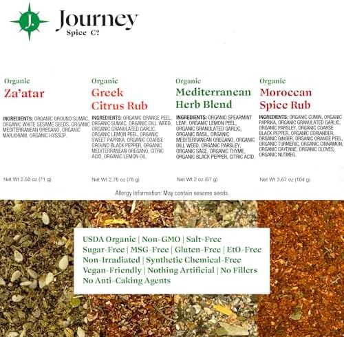 Organic Gourmet Mediterranean Spice and Seasoning Gift Set by Journey Spice Co. | Salt-Free | Sugar-Free | Non-GMO | All-Purpose | Use for Cooking and Baking Poultry, Vegetables, Meat, Rice, and More | 10.93 oz. (total)
