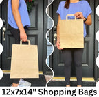 Qutuus Large Paper Bags with Handles Bulk - 50 Pcs 12x7x14 Large Paper Grocery Shopping Bags with Handles, Brown Sacks for Groceries, Recycling, Delivery, Take Out, To Go, Retail