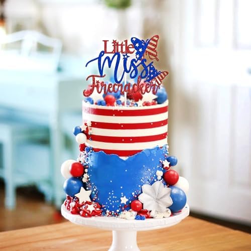 Little Miss Firecracker Cake Topper, USA Patriotic Bithday Cake Decor, Happy Independence Day, 4th of July American National Day Baby Shower Party Decorations Supplies for Girls, Red and Blue Glitter