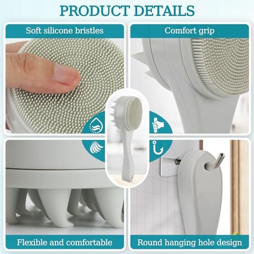 2 Pack Silicone Facial Cleasing Brush and Hair Scalp Massager Shampoo Brush 2 in 1 Double Sided Face Scrubber Scalp Scrubber Manual Exfoliating Light Gray