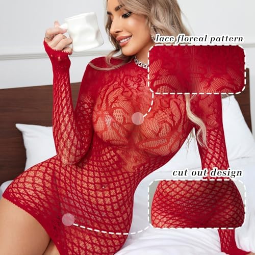 FHSEER-Womens Fishnet Bodysuit Lace Lingerie Long Sleeve Fishnet Dress Romantic Nightwear Pattern Mesh Lingerie Party
