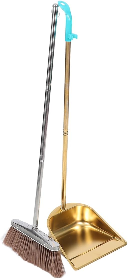MERRYHAPY Gold Dustpan and Broom Set Stainless Steel Heavy Duty Cleaning Tools for Indoor and Outdoor Use with Ergonomic Handles 35.43 Inch Length