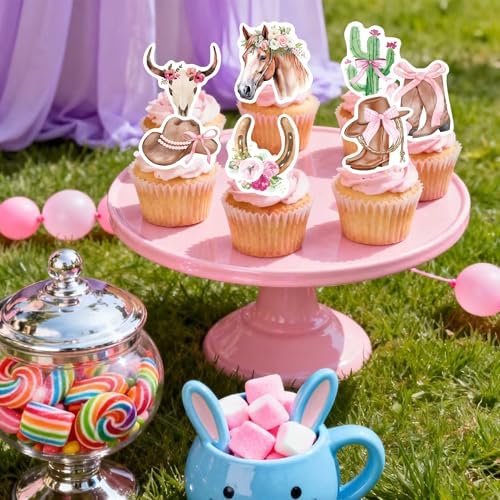 72Pcs Edible Bow Western Cowgirl Cupcake Toppers Wafer Paper Rodeo Bowknot Cupcake Toppers Picks Horse Shoe Cowboy Hats Boots Cactus Cupcake for Birthday Baby Shower Bachelorette Party Supplies