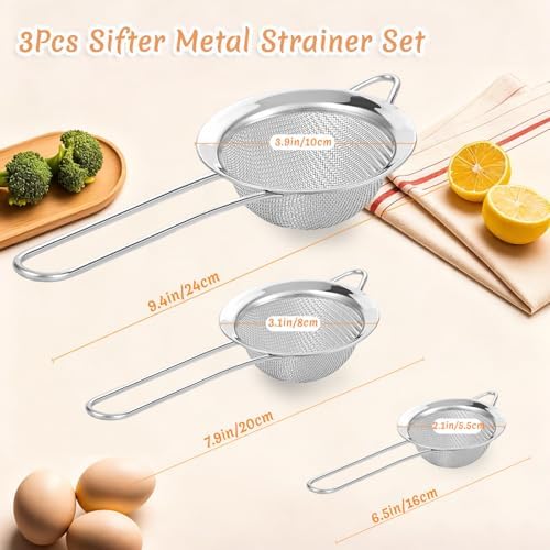3Pcs Fine Mesh Strainer with Handle, Small Medium Large Size Sieve Strainers Set, Stainless Steel Sifter Colander for Kitchen Baking Juice Quinoa Food Flour