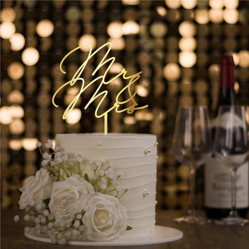 Mr & Mrs Wedding Cake Topper in Golden Acrylic (Design 03)