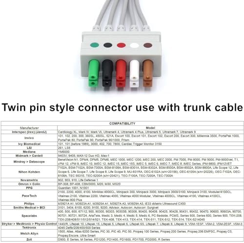 3FT 5 Leads Cable AHA Snap Wire Compatible with AAMI/MindrayDatascope and Most Monitors, TPU Cord with Twin Pin Style Connector