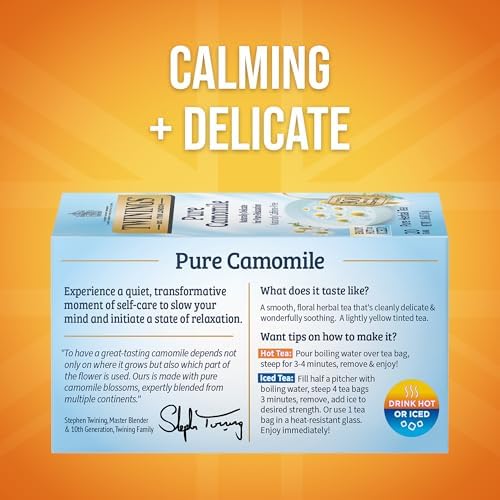 Twinings Pure Camomile Herbal Tea Individually Wrapped Bags, Calming & Delicate, 20 Count (Pack of 6), Naturally Caffeine-Free, Enjoy Hot or Iced, 120 Teabags