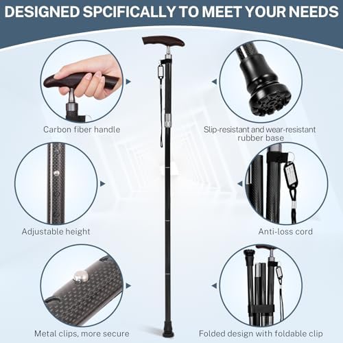 Carbon Fiber Walking Cane, Adjustable Folding Mobility Cane with Ergonomic Solid Wood Handle, Lightweight Walking Stick for Men & Women, Portable Travel Cane with Non-Slip Rubber Tip (8.3oz/235g)