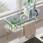 Buachois Sponge Holder for Kitchen Sink, Over Faucet Metal Basket with Drip Tray and Hanging Hook, Detachable Faucet Drain Rack for Soap Brush Rag (Silver)