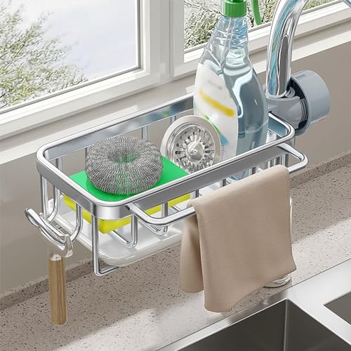 Buachois Sponge Holder for Kitchen Sink, Over Faucet Metal Basket with Drip Tray and Hanging Hook, Detachable Faucet Drain Rack for Soap Brush Rag (Silver)