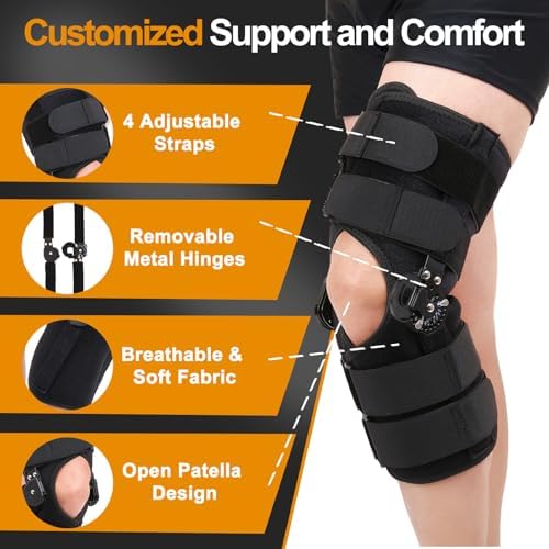 Hinged ROM Knee Brace, Post Op Knee Support Orthosis with Side Stabilizers & Locking Dials for Arthritis, Meniscus Tear, ACL, MCL, Medical ROM Knee Brace for Knee Pain (Upgraded, Small)