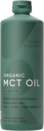 Sports Research Organic MCT Oil - Keto & Vegan MCTs C8, C10, C12 from Coconuts - Fatty Acid Brain & Body Fuel, Non-GMO & Gluten Free - Flavorless Oil, Perfect in Coffee, Tea & Protein Shakes - 32 oz