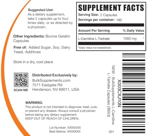 BulkSupplements.com L-Carnitine L-Tartrate Capsules - Carnitine Supplement, L Carnitine 1000mg Capsules - L-Carnitine Tartrate, Gluten Free - 2 Capsules per Serving, 360 Capsules (Pack of 1)