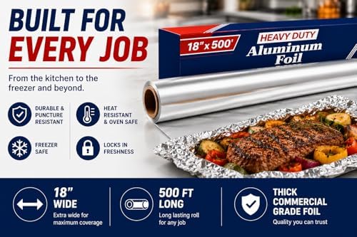 Heavy Duty Aluminum Foil Roll 18 Inch x 500 Feet, Extra Thick Commercial Grade Aluminum Foil Roll, 18x500 Foodservice Foil for Cooking, Grilling, Baking & Food Storage (1 PACK)