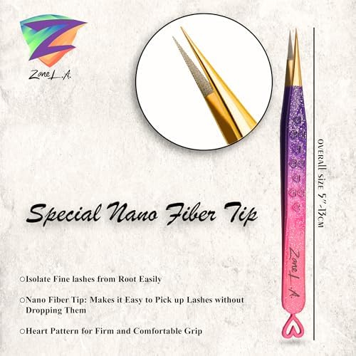Zane L.A. Nano Fiber Tip Professional Eyelash Extension Tweezers, made with Japanese Stainless Steel, Unique Heart Design (Pink and Purple)