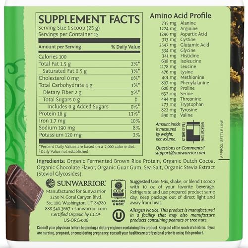 Brown Rice Protein Powder with Bcaa & Amino Acids Raw Rice Protein Shake Gluten Free Low Carb Dairy Free | Plant Based Classic Sprouted Brown Rice Protein Powder Chocolate 375g by Sunwarrior