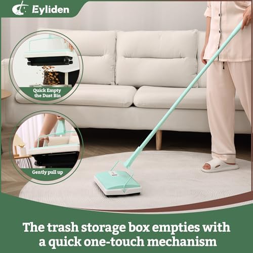 Eyliden X-Large Carpet Sweeper - Quiet Manual Sweeper for Carpets & Rugs | 1 Extra Refill Roller Brush | Non-Electric, Hand Push, Quietly Cleans Debris and Messes, Restaurant Roller Broom, Mint