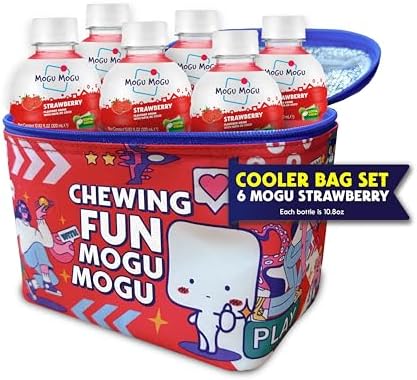 Mogu Mogu Strawberry Juice Drink (6 Bottles) with Limited Edition Cooler Bag – Chewy & Fun Strawberry Juice with Nata de Coco | Refreshing Drink for Kids & Adults | Ready to Drink Beverage Set
