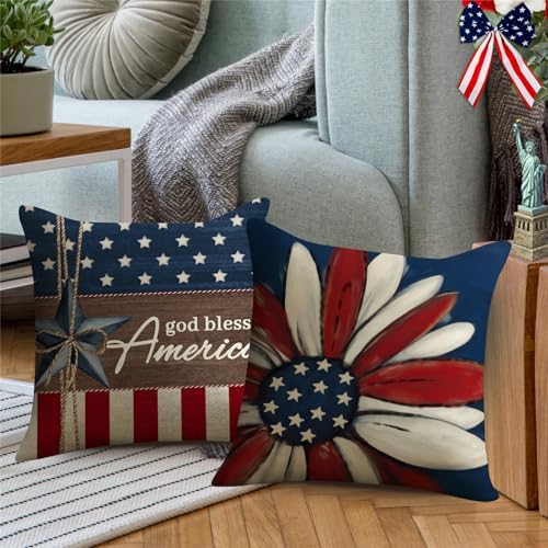 4th of July Pillow Covers 18x18 Set of 4 God Bless America Stars Flower Independence Day Decorations Let Freedom Ring USA Flag Memorial Day Patriotic Throw Cushion Case for Sofa Couch