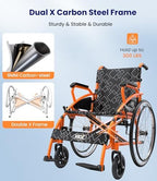 VOCIC Wheelchair for Adults Lightweight Portable Folding Wheelchair for Seniors with Flip-Back Arm Self-Propelled Wheelchair for Seniors with Double-Brake Designwith 23.6-Inch Large Rear