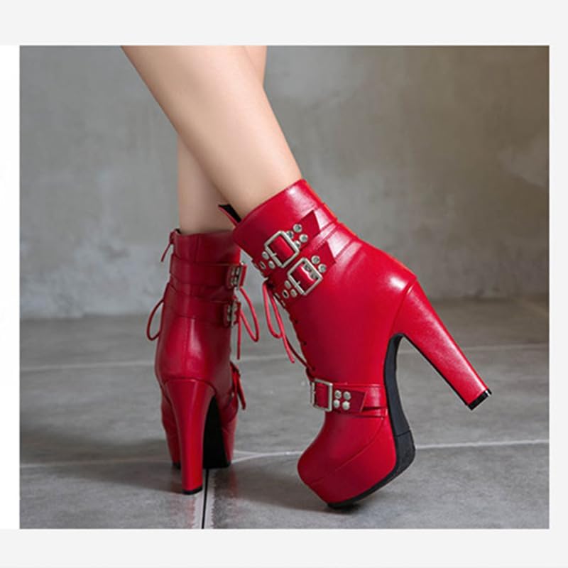 Women Studded Belt Buckle Chunky High Heel Ankle Boots Sexy Round Toe Lace-up Punk Combat Warm Platform Gothic Knight Mid Calf Booties