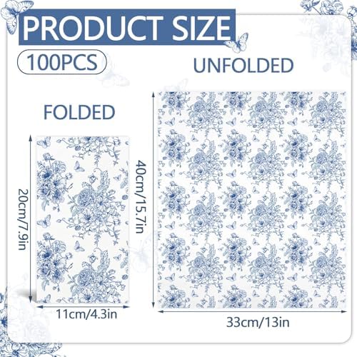 100PCS Blue Floral Napkins Disposable Hand Towels for Bathroom 3 Ply Blue and White Paper Napkins Decorative Flower Guest Napkins Chinoiserie Napkins for Wedding Bridal Shower Birthday Cocktail Party