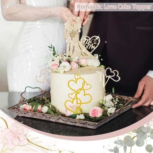4PCS Wedding Cake Toppers Luxury Gold Bride and Groom Cake Topper Mr and Mrs with Crystal Rhinestones Heart Shape Reusable Metal Marriage Cake Decoration for Wedding,Engagement,Anniversary