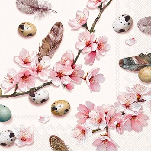 IHR Ideal Home Range Party Napkins Disposable 3-Ply Paper Lunch Napkin Pack, 6.5" x 6.5", Beautiful Sakura (Cream), 20-Count
