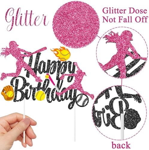 Softball Black Happy Birthday Cake Topper Softball Birthday Party Decoration Softball Themed Party Cake Topper for Girls Softball Baby Shower Decoration Sport Party Supplies
