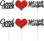Gyufise 36Pcs We Will Miss You Cupcake Toppers Glitter Red Love Heart Good Luck Cupcake Picks for Retirement Theme Going Away Party Cake Decorations