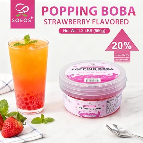Soeos Strawberry Popping Boba, 550g – Bursting Boba Pearls for Bubble Tea, Frozen Yogurt, Desserts & Drinks