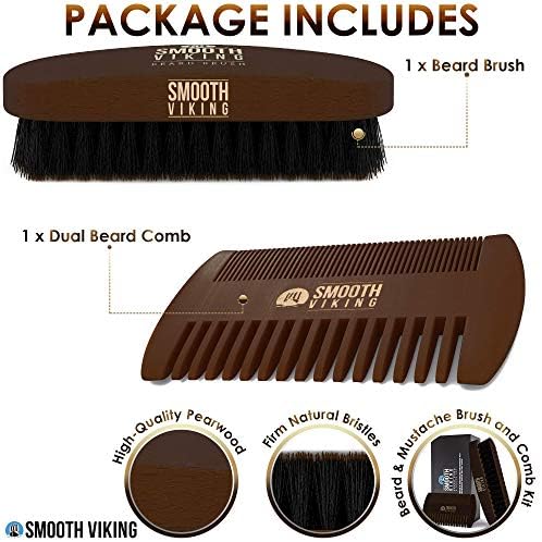 Smooth Viking Beard Brush & Comb Gift Set for Men - Natural Boar Bristle Hair Brush & Wooden Comb, Boar Brush for Facial Hair Styling, Grooming & Beard Shaping Tool, Men Hair Products - Brown