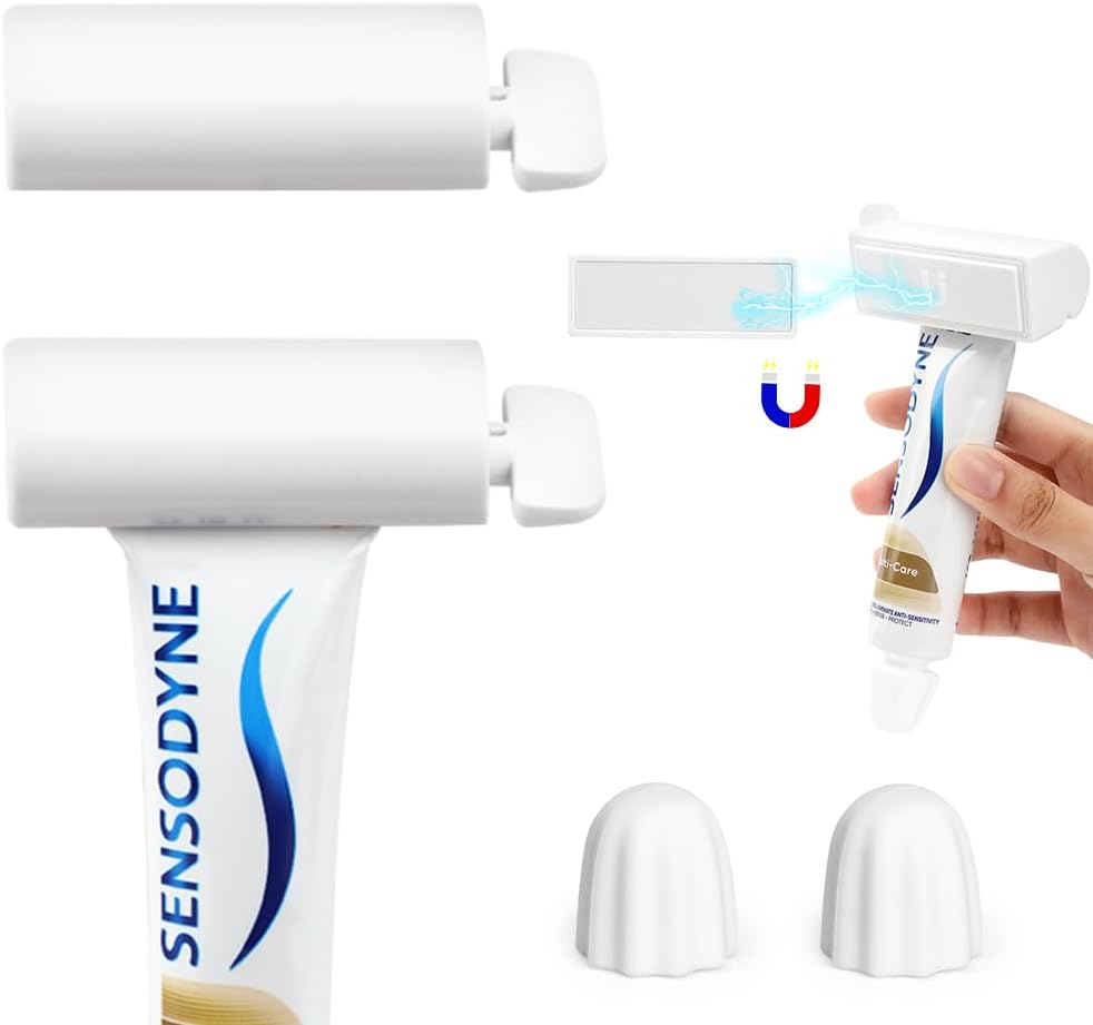 Set of 4 Toothpaste Squeezer Rollers Magnetic Wall-Mounted, Comes with 2 Silcone Toothpaste Cap for Tube Cosmetics, Tube Ketchup etc Dispenser, Simple and Practical, Kid Friendly