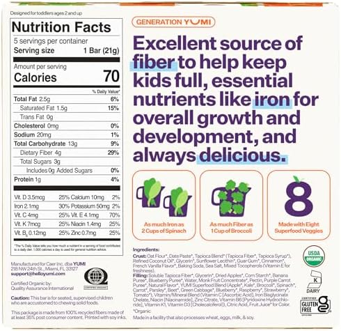 Yumi Organic Toddler Snacks Bars - Gluten-Free, No Added Sugar, 7+ Vegetables, Soft-Baked Crust Yumi Bars, Healthy Toddler Organic Snacks - School Safe and for Lunch Boxes, Blueberry & Purple Carrot (30ct.)