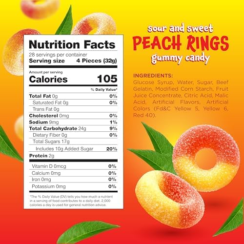 Peach Rings - 2 Pound Bag - Peach Gummies Candy - Sweet and Sour Candy for Office, Snacking, Dessert Decorating, and Goodie Bags - Classic Gummy Rings