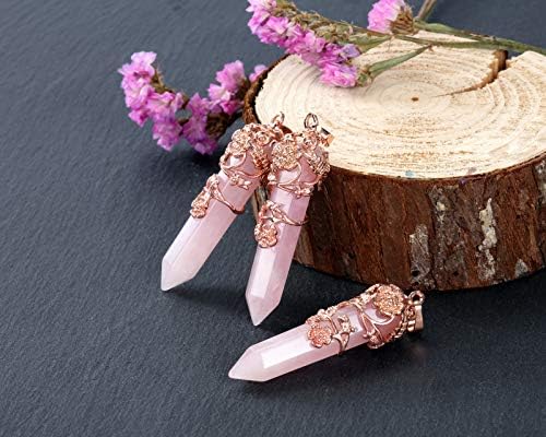 Jovivi Flower Wrapped Natural Healing Crystal Pointed Necklace Hexagonal Prism Gemstone Pendant Pendulum Necklace Reiki Jewelry Quartz for Women Men