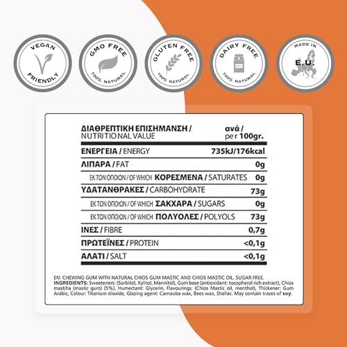 Supersmart - Mastic Gum Chewing Gum ELMA - Chios Greek Gum - Natural Oral Hygiene - Sugar Free - Menthol Taste with Xylitol | GMO & Gluten Free - 5x10 Gums