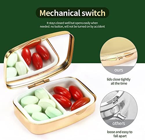 Pill Case Pill Box with Mirror Retro Pocket 2 Compartment Medicine Case Vitamin Pill Organizer for Pocket Purse and Travel (Gold- Flower 1)