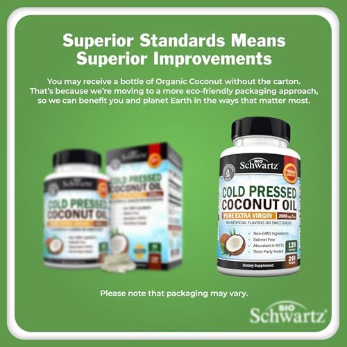 Coconut Oil Capsules 2000mg - Organic Pure Extra Virgin Unrefined Cold Pressed MCT Rich & Non-GMO for Healthy Skin Nails Hair Growth Support Bloating Anti Aging Digestion - 240ct (4 Month Supply)