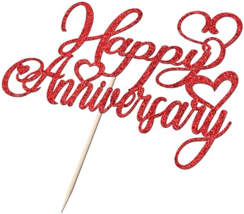 1 PCS Happy Anniversary Cake Topper，Glitter Wedding Anniversary Cake Decorations，Company Anniversary Party Decoration Supplies (Red)