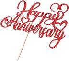 1 PCS Happy Anniversary Cake Topper，Glitter Wedding Anniversary Cake Decorations，Company Anniversary Party Decoration Supplies (Red)