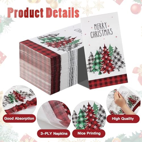 Tamone 100PCS 3-Ply Red Christmas Napkins - Red Christmas Tree Napkins Disposable - Premium Quality Dinner Napkins Soft and Absorbent