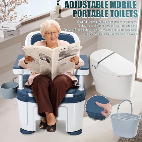 Bedside Commode for Seniors, Portable Anti-Slip Bedside Commode with Armrest Seat Height Adjustable, Rugged Construction Adult Potty Chair for Seniors Load 882Lbs Blue