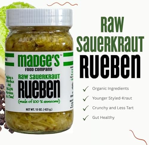 Madge's Rueben Sauerkraut | Raw unpastuerized | Probiotics enriched | Made with Organic ingredients, Pink Salt, gut healthy packed in glass jar 15 oz